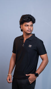 Short Sleeve Korean Zipper Polo T-Shirt for Men | Premium Fit 1987- Black